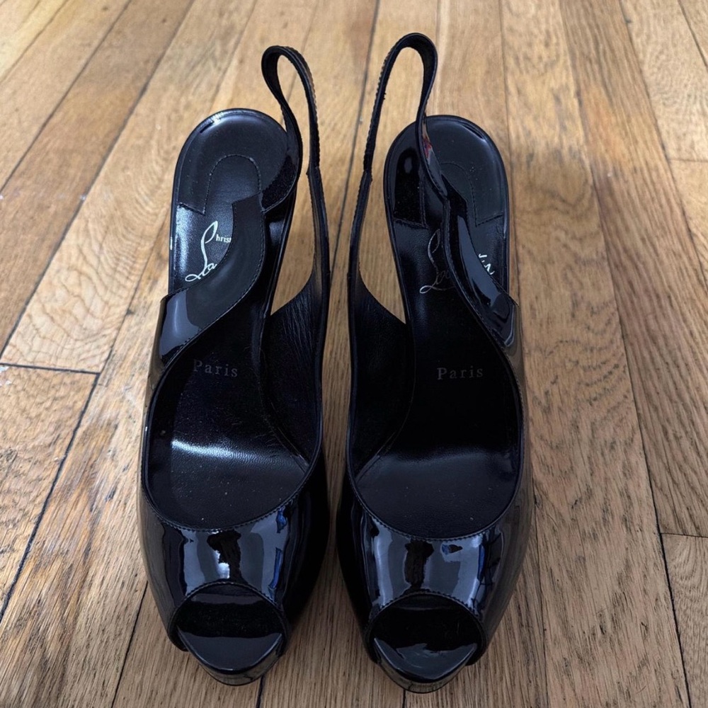 Christian Louboutin Black Patent Slingback Peep Toe Pumps